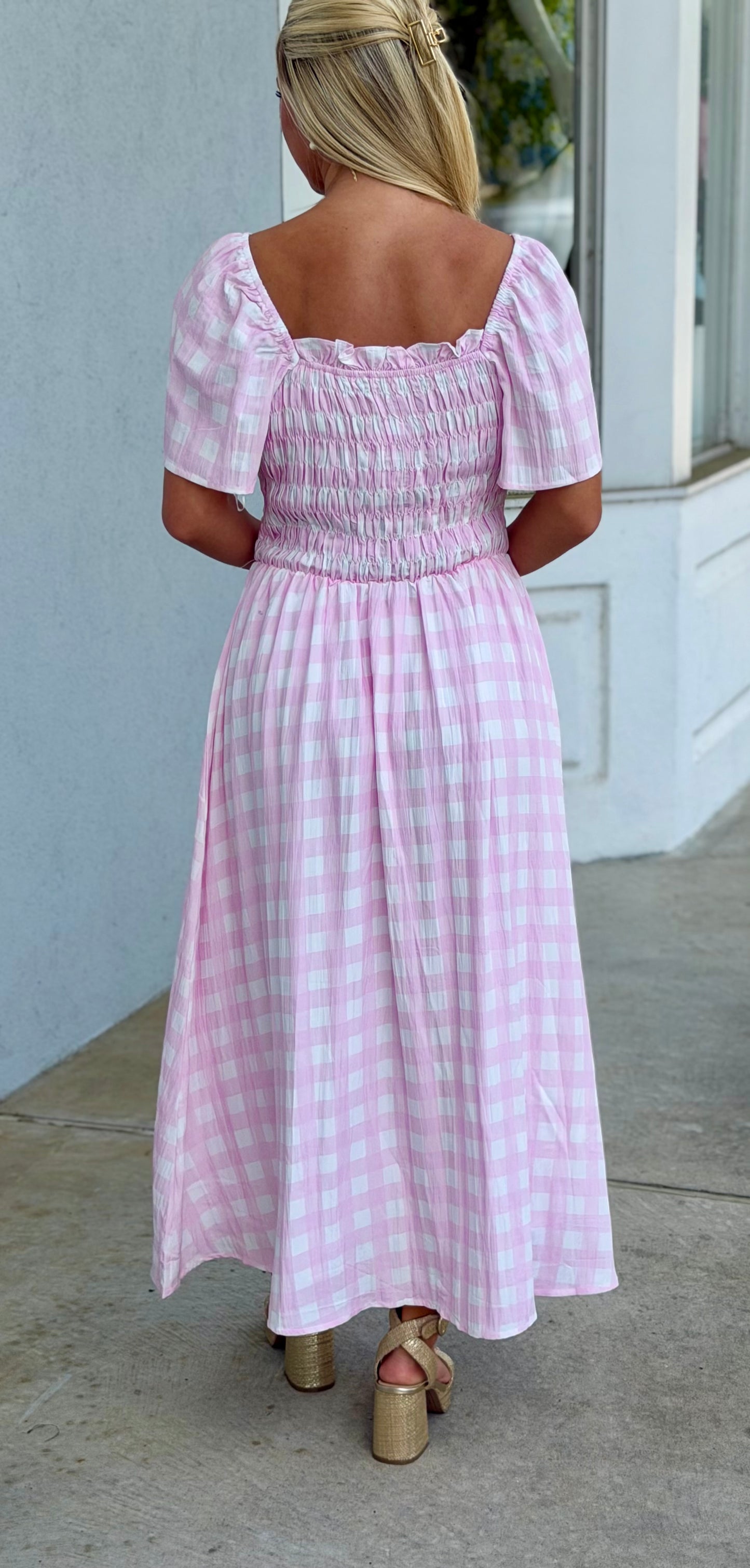 Pink Gingham Puff Sleeve Midi Dress