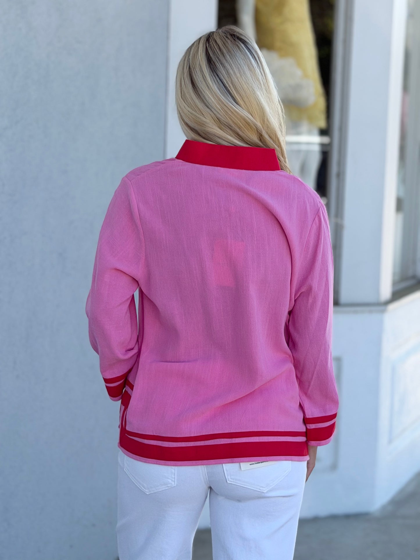 Pink/Red V Neck Border Top