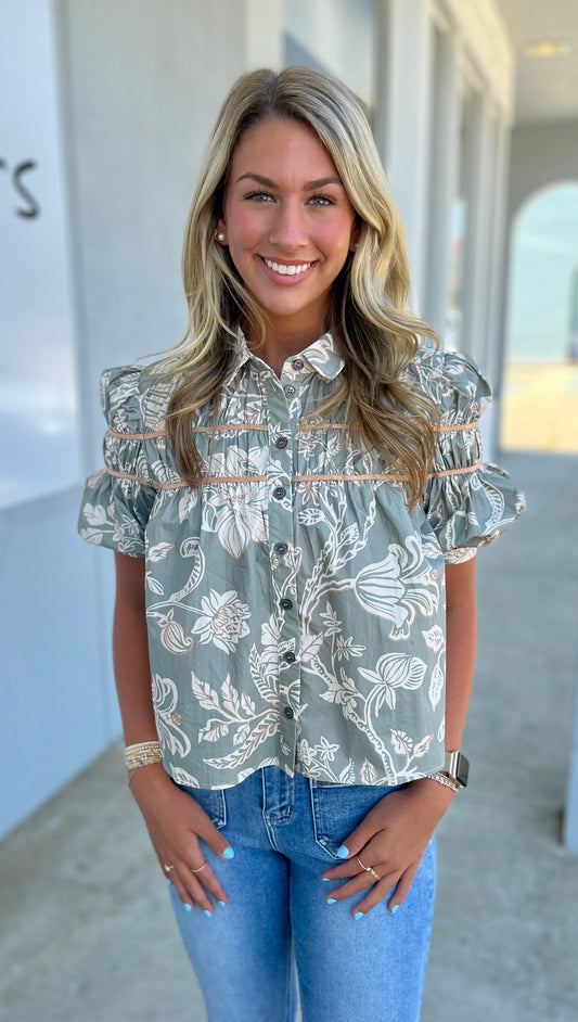 Sage Floral Babydoll Button Top