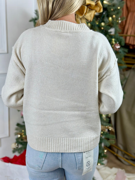 Ivory Front Bottom Slit Crew Neck Sweater