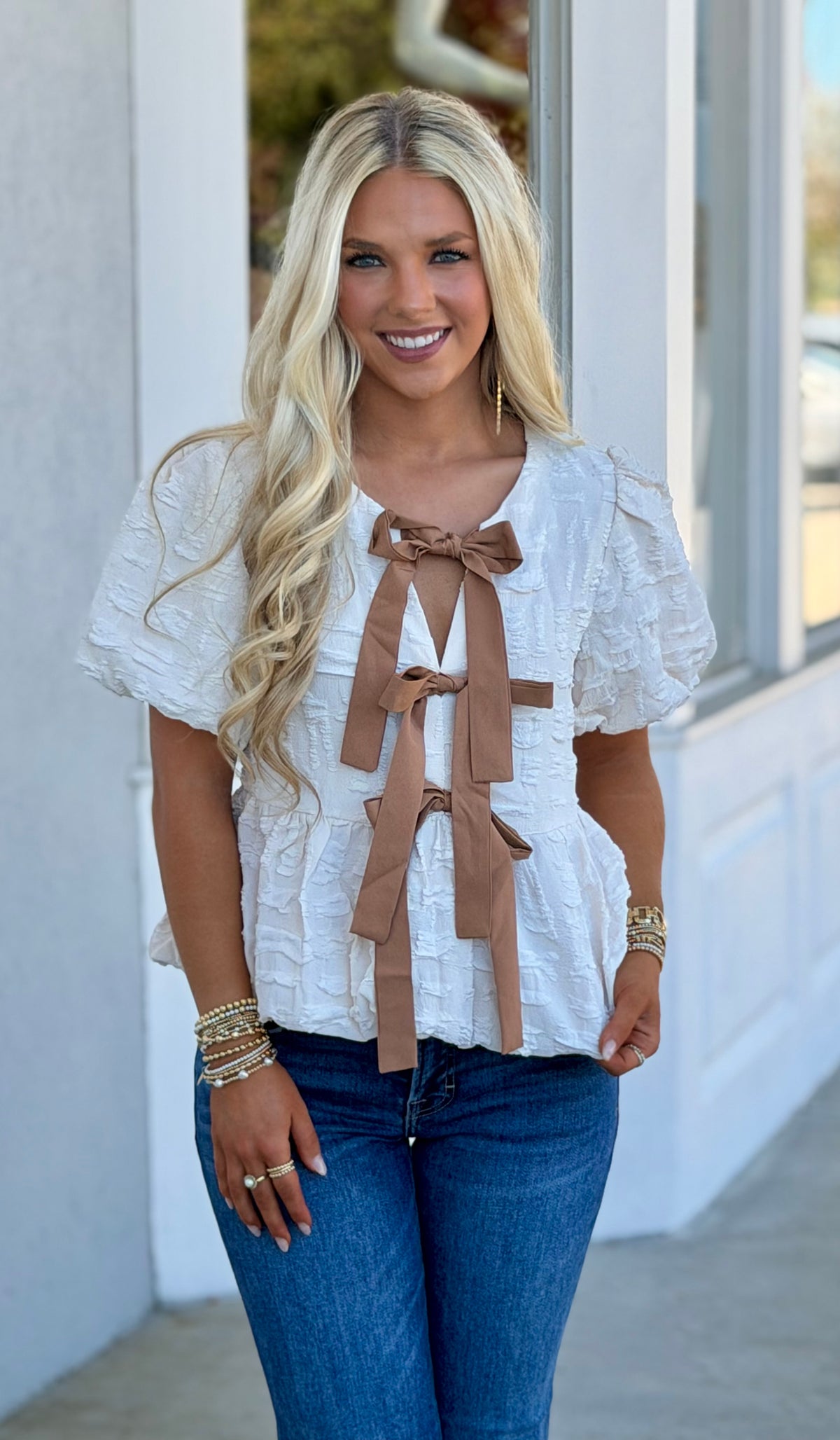 Vanilla Textured Contrast Bow Peplum Blouse