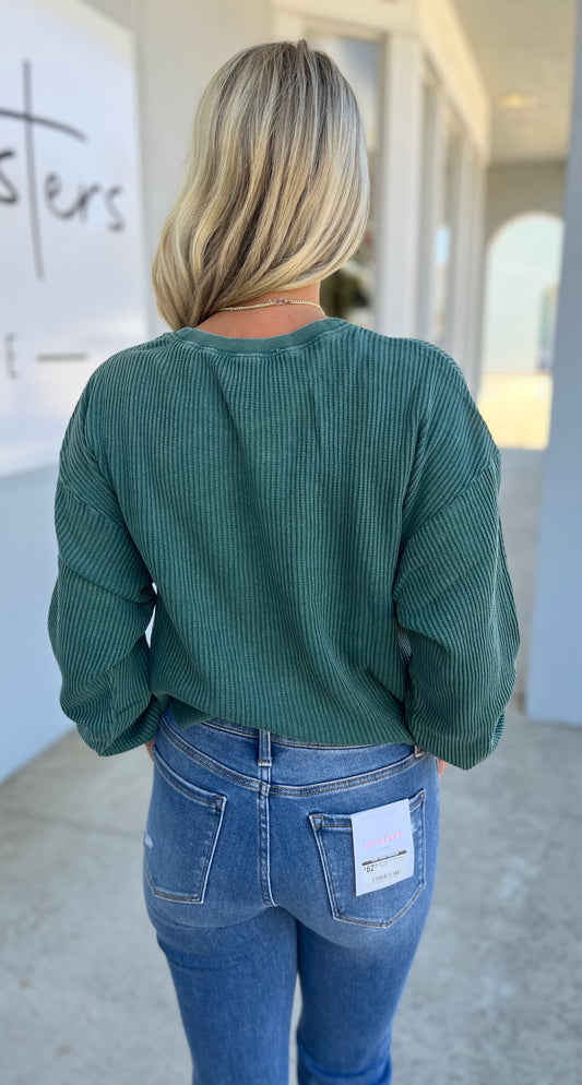 Mineral Washed Waffle Long Sleeve Top, Deep Green