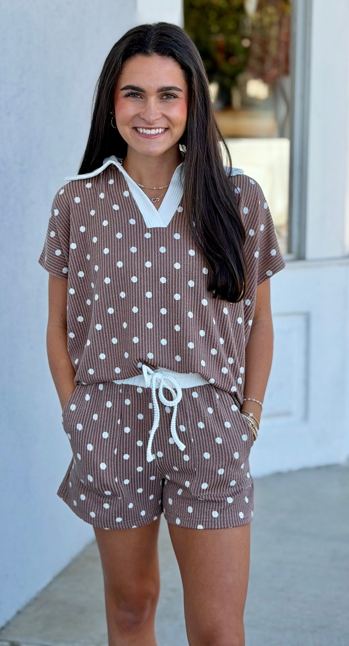Polka Dot Collared Top & Shorts SET, Mocha