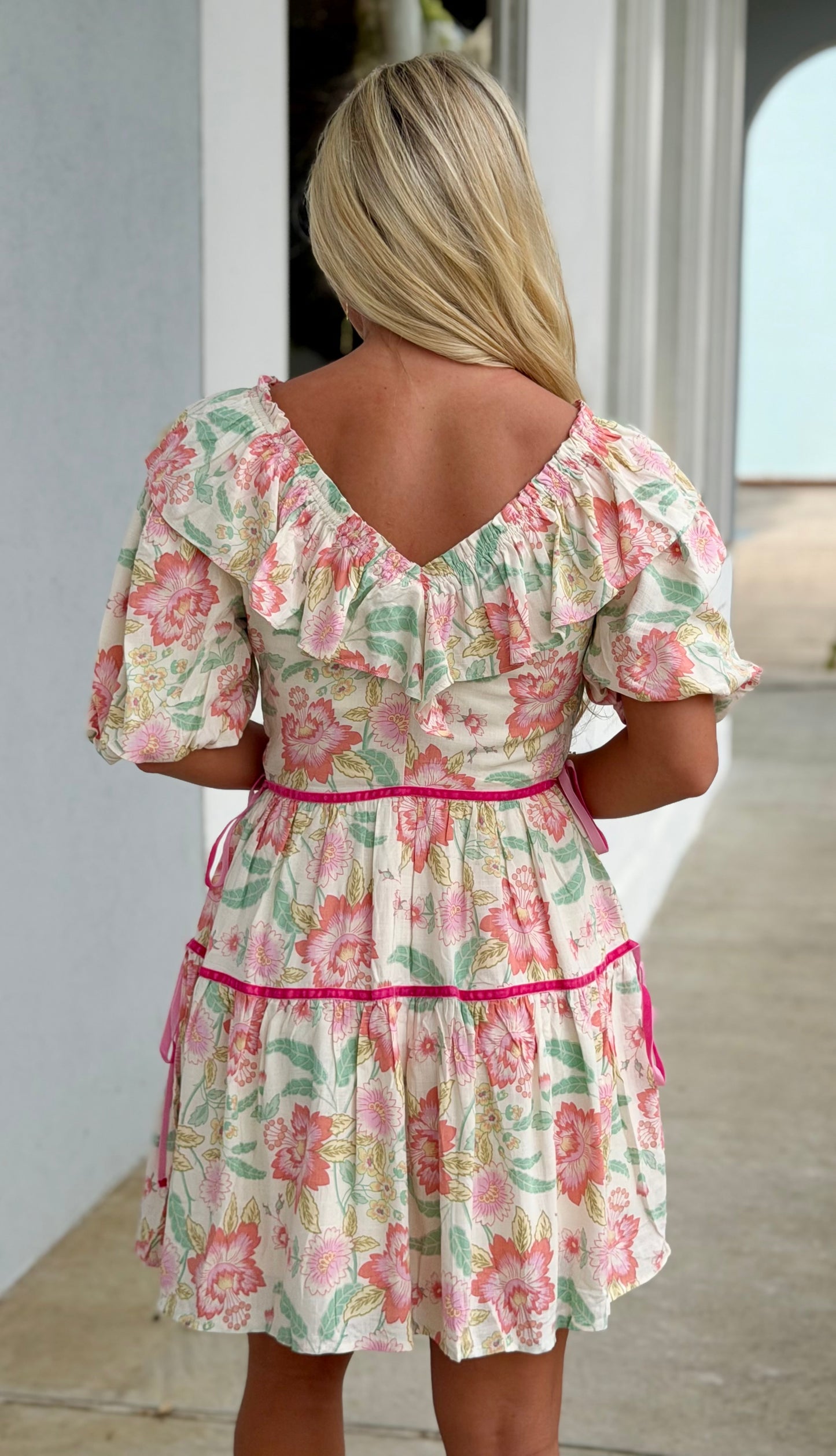 Multi Floral Print V Neck Ruffle Detail Dress