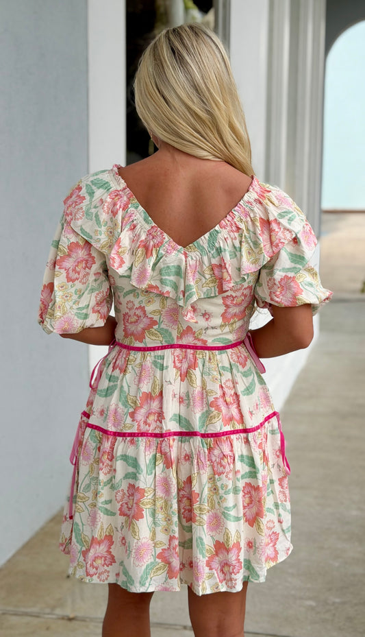 Multi Floral Print V Neck Ruffle Detail Dress