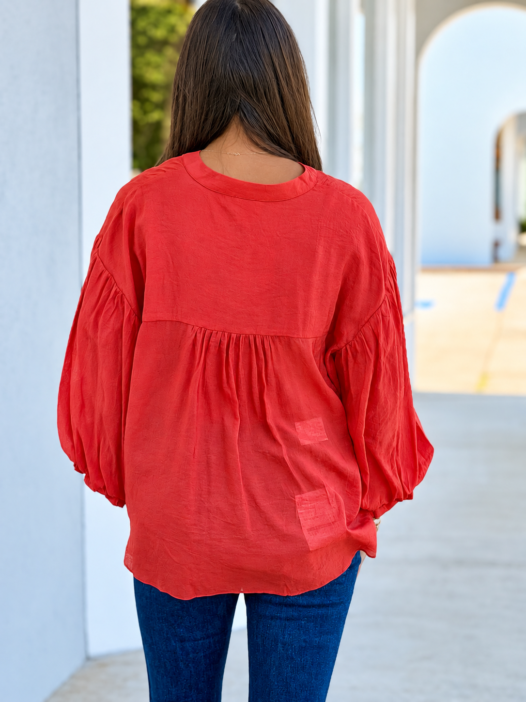 Puff Sleeve Button Down Shirt, Tomato Red