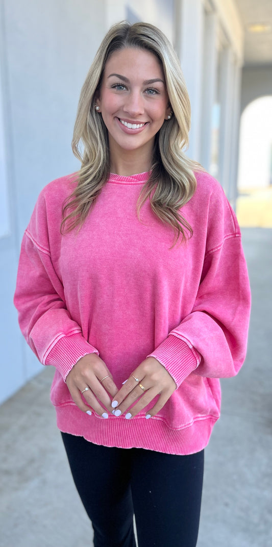 Acid Wash Fleece Pullover, Fuchsia
