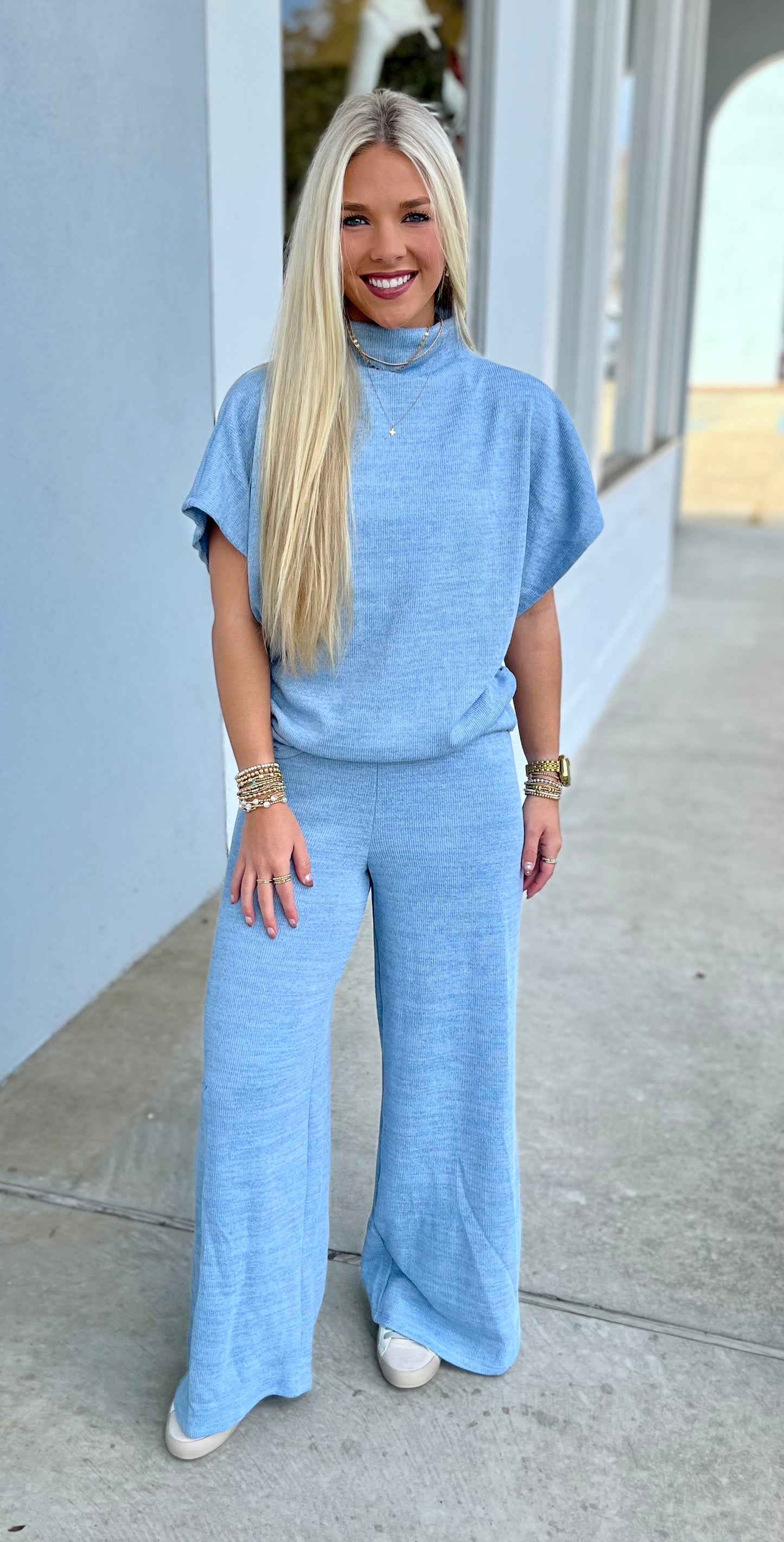Blue Mock Neck Pants Set