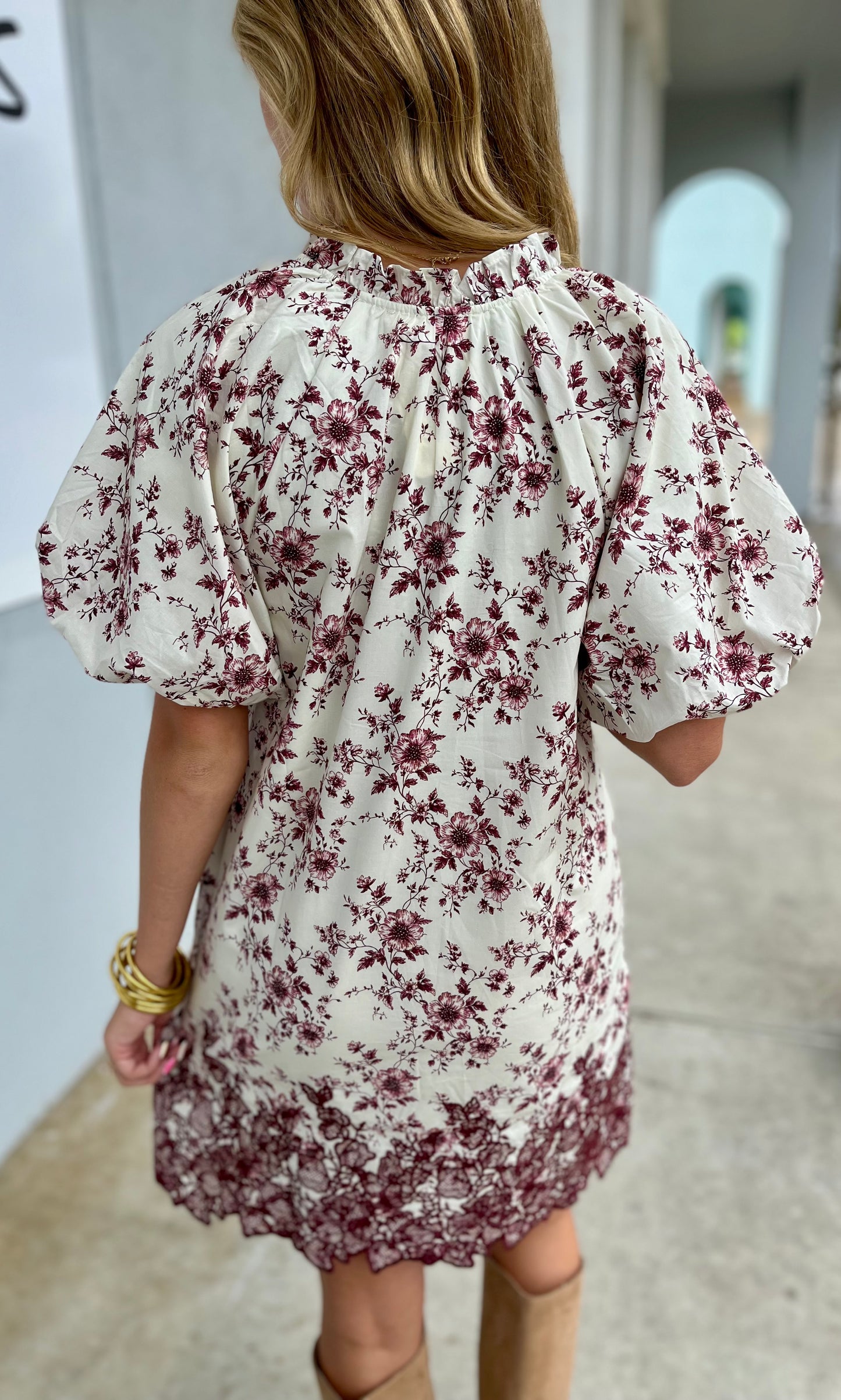 Burgundy Bubble Sleeve Embroidered Hem Dress