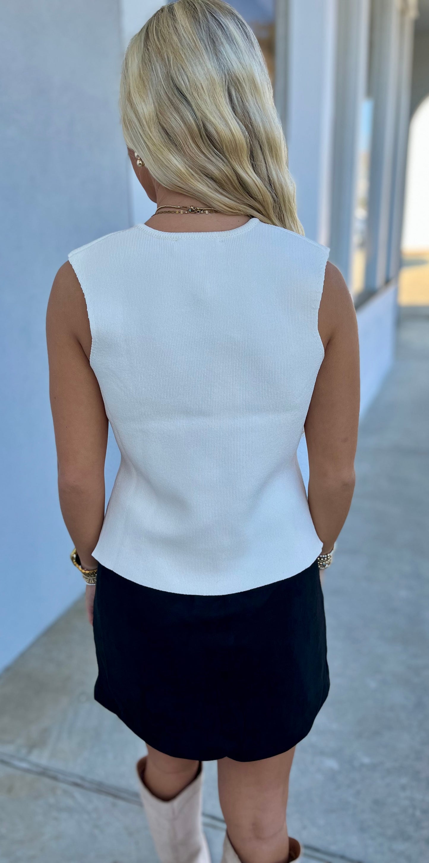 Sleeveless Gold Button Knit Sweater Vest, Cream