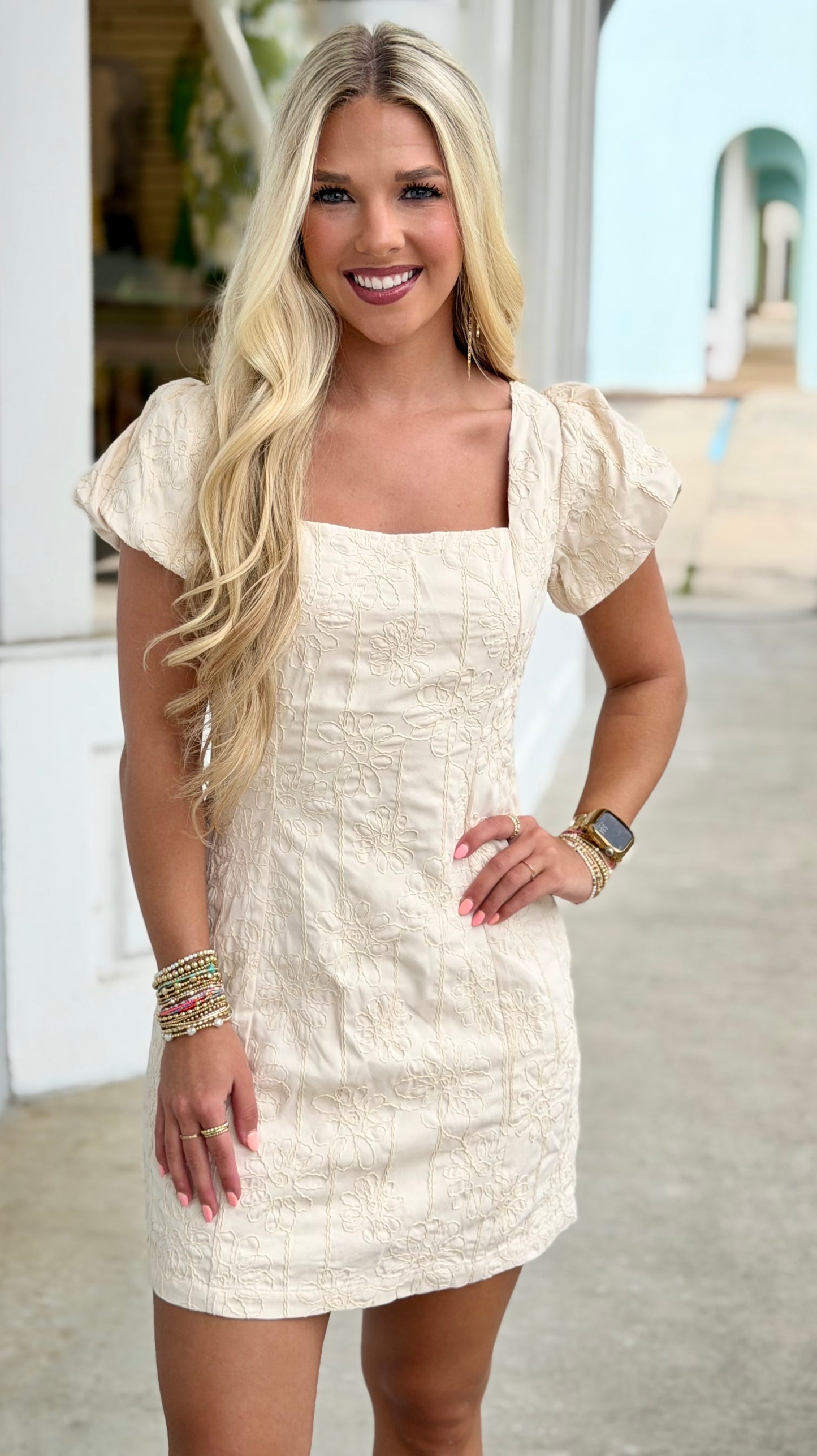 Beige Embroidered Puff Sleeve Square Neck Dress