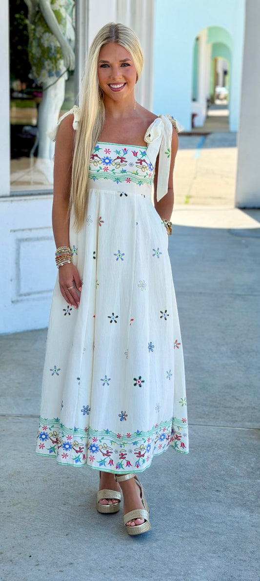 Ivory Sleeveless Floral Border Print Midi Dress