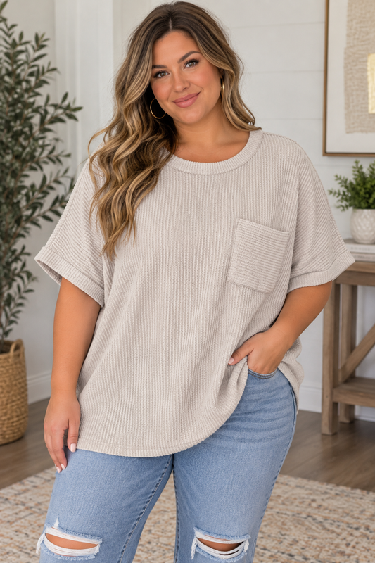 Plus Raised Rib Front Pocket Top, Ash Mocha