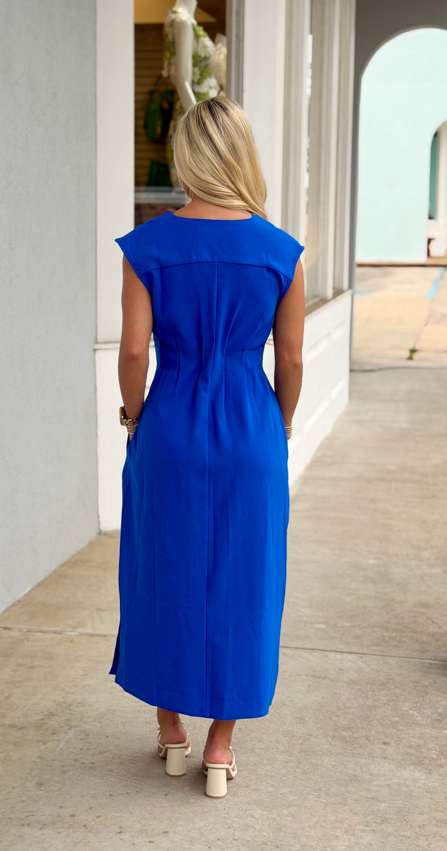 Royal Blue Pleated Waist Midi Dress