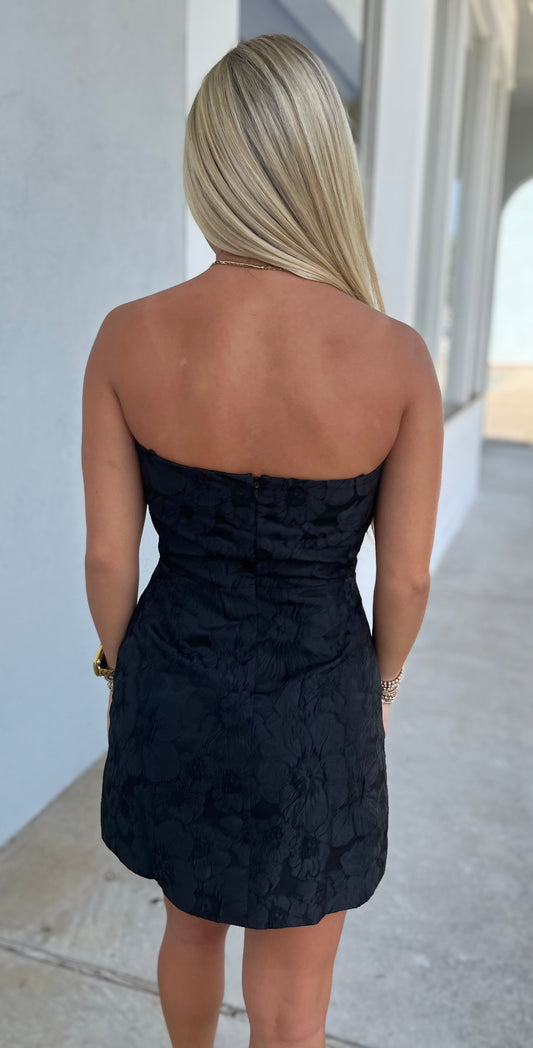 Black Floral Jacquard Strapless Dress