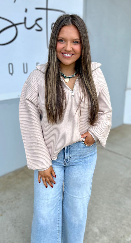 Beige Front Zip Mock Neck Sweater