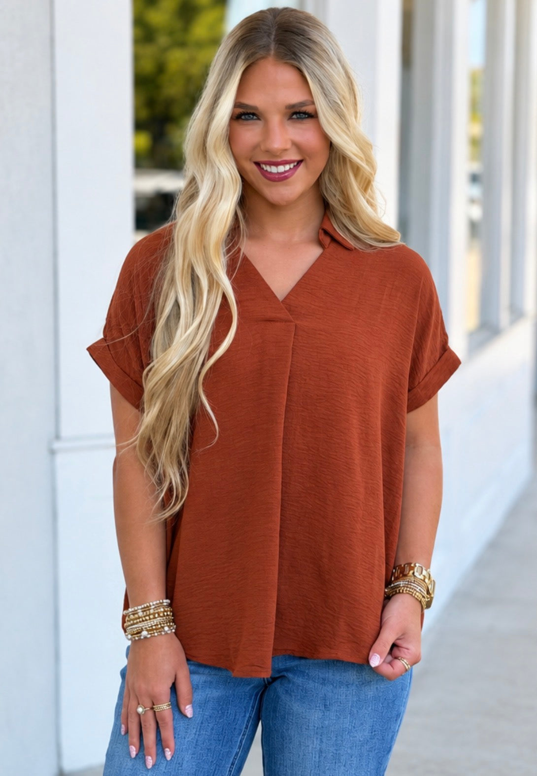 Collared Woven Top , Toffee