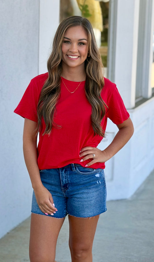 Cotton Boyfriend Round Neck Tee, Ruby