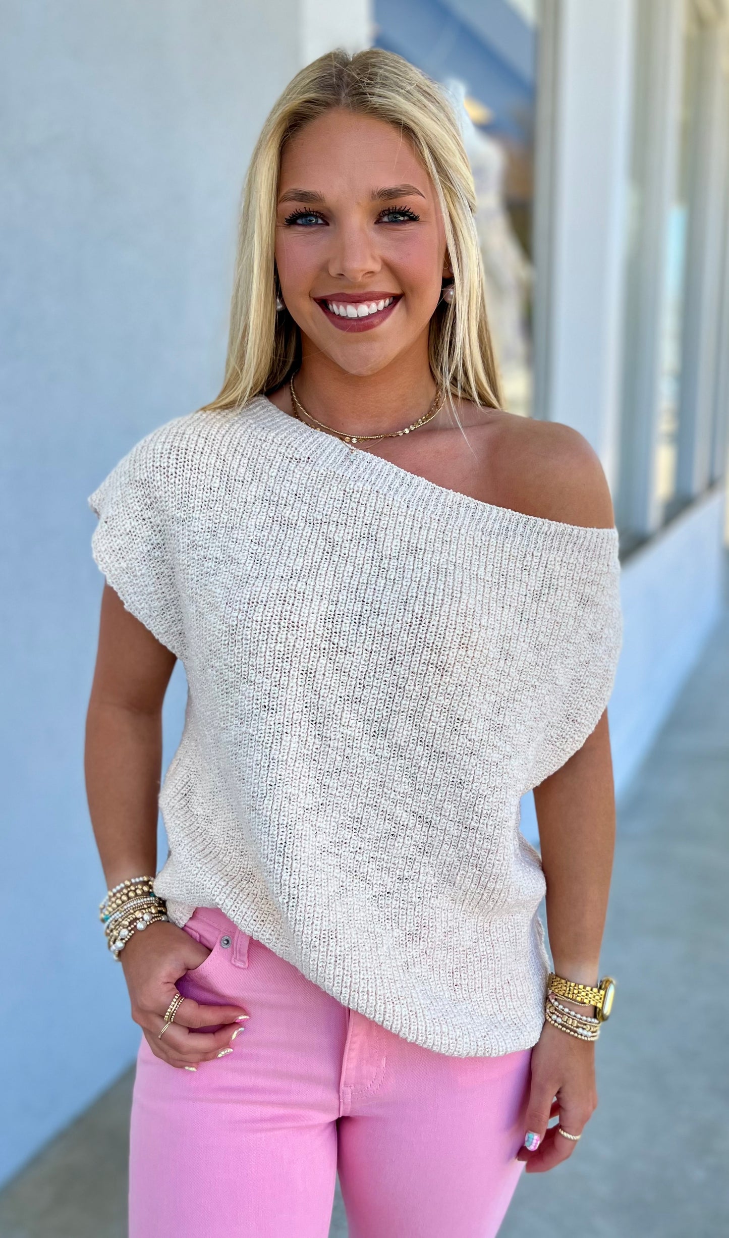 Ivory Slub Textured One Shoulder Sweater Top