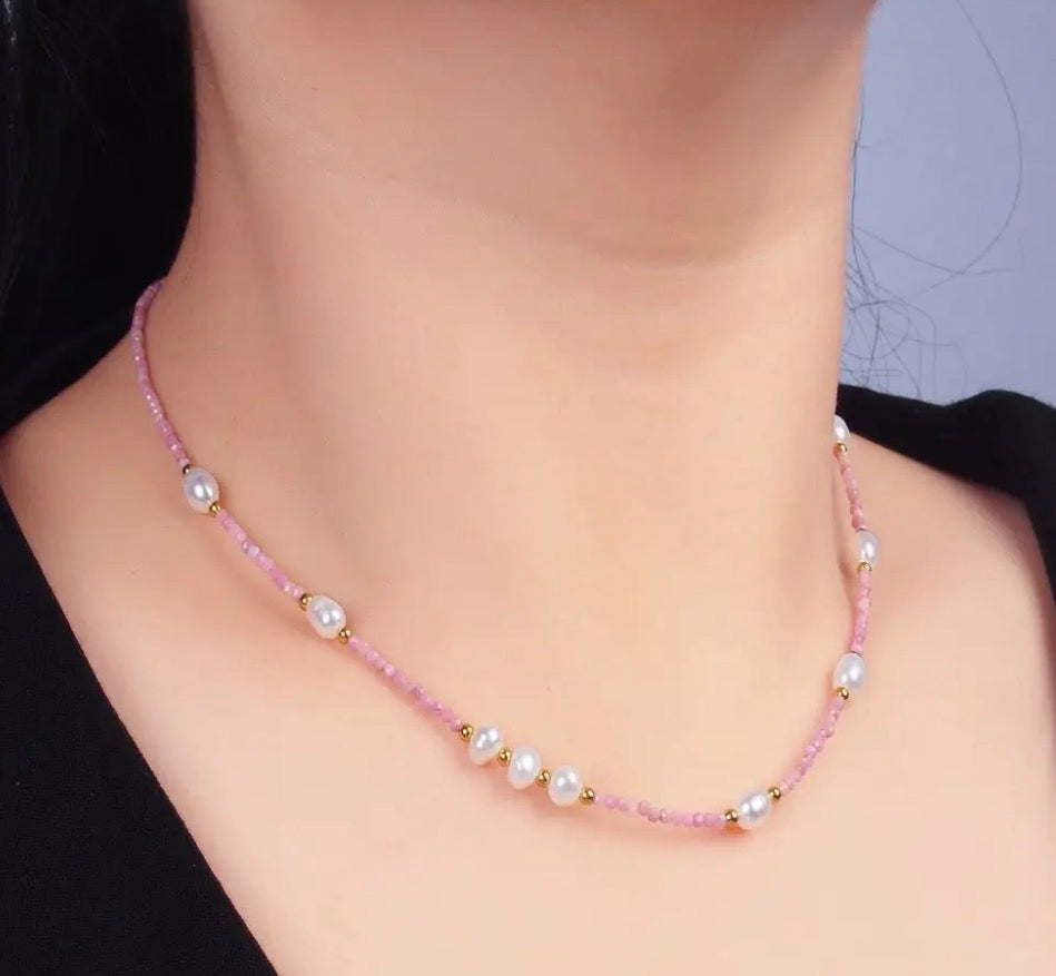 Stainless Steel Shell Pearl Pink Gemstones Natural Choker 15in