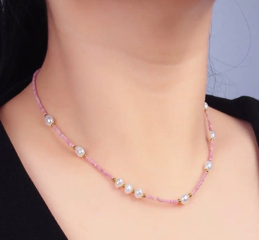 Stainless Steel Shell Pearl Pink Gemstones Natural Choker 15in