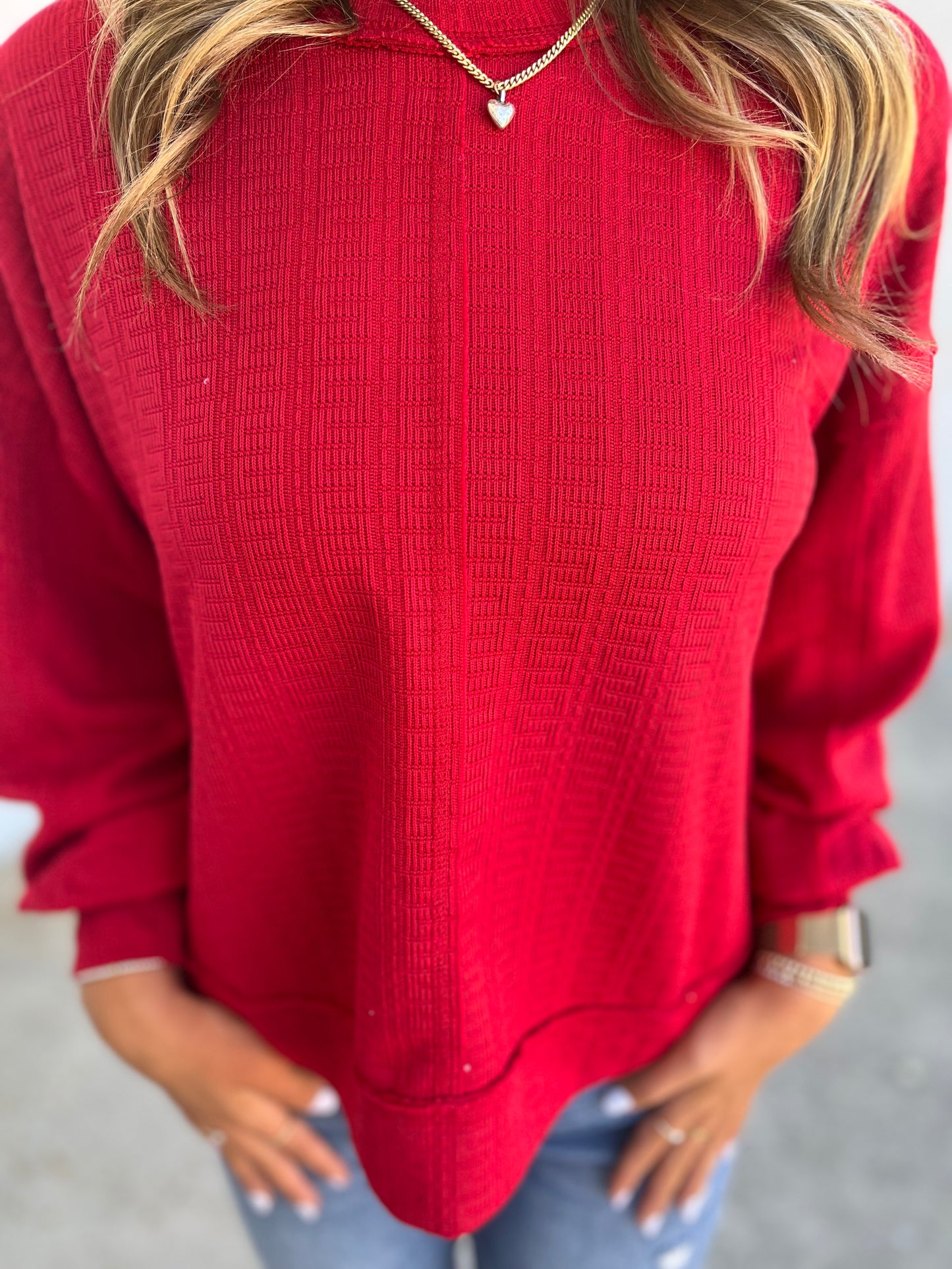 Raw Edge Textured Knit Top , Red