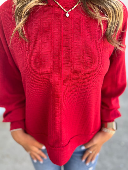 Raw Edge Textured Knit Top , Red