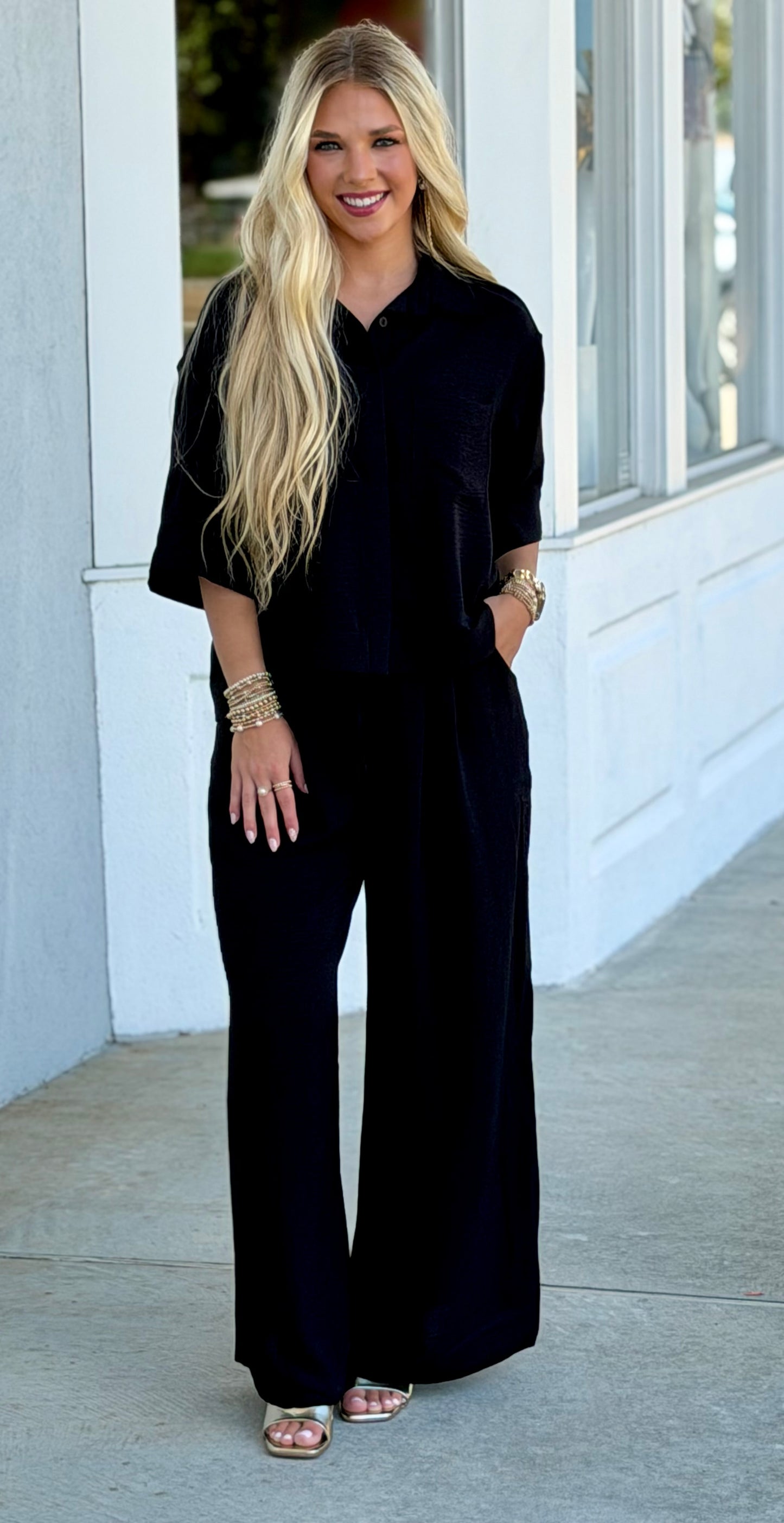 Black Button Down Top and Pant SET