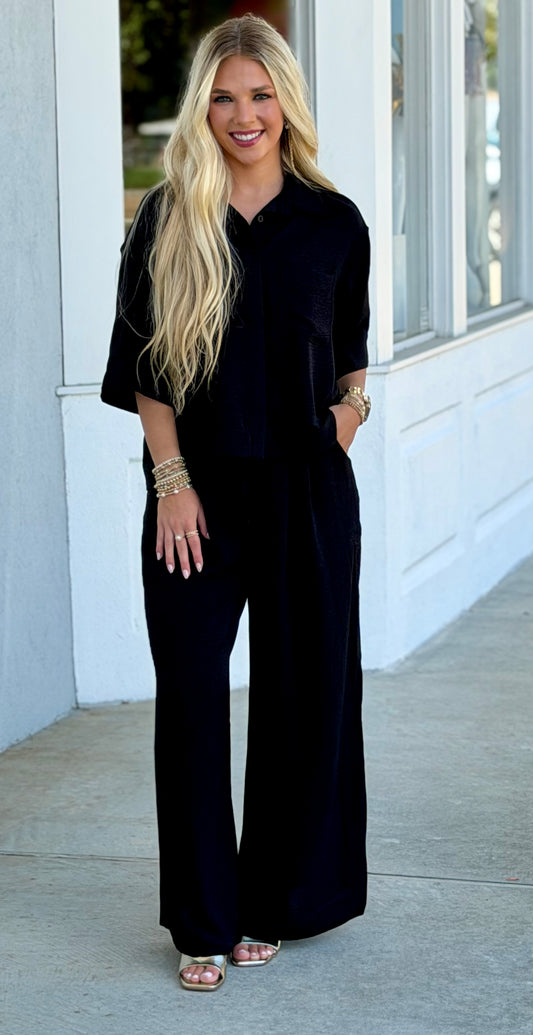 Black Button Down Top and Pant SET
