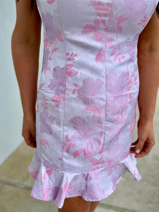 Pink/Purple Square Neck Ruffle Hem Mini Dress