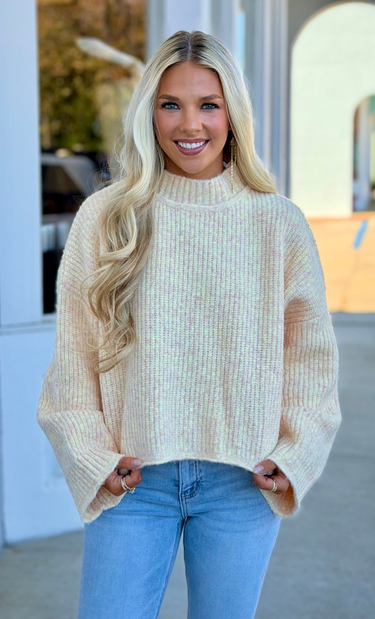 Peach Ribbed Stand Collar Knit Sweater
