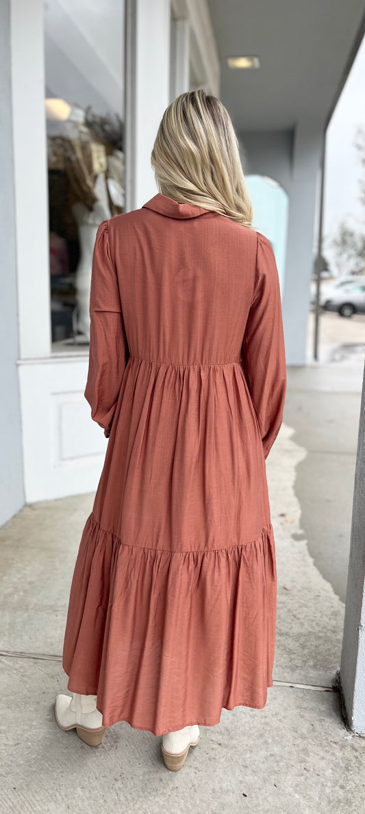 Rust Button Down Midi Dress