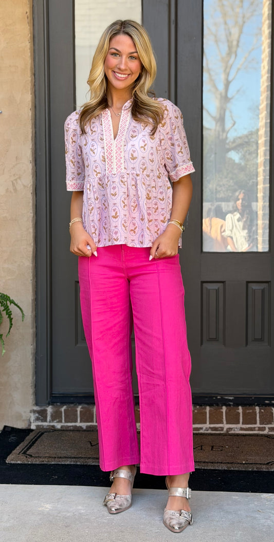 High Rise Wide Leg Front Seam Jeans, Hot Pink