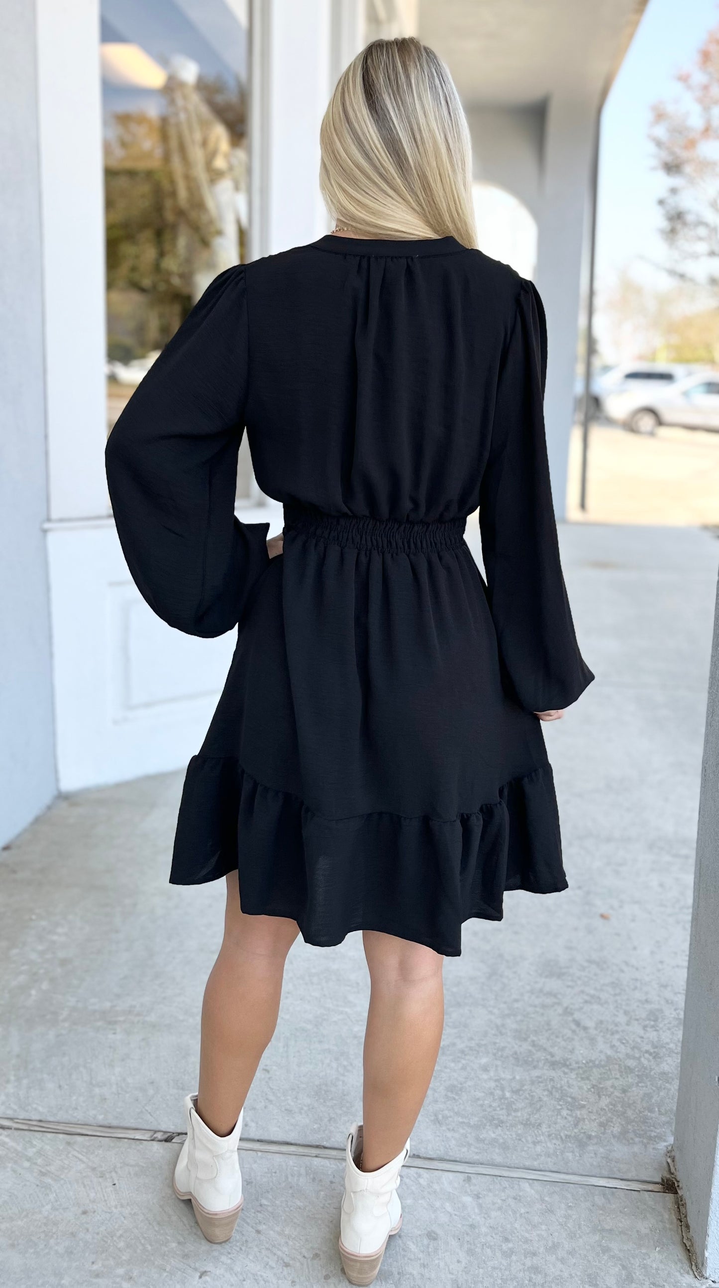 Black Elastic Waist Woven Dress