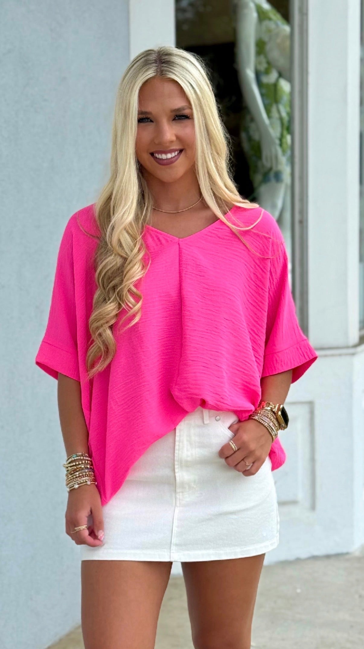 Woven Airflow V Neck Top, Neon Fuchsia