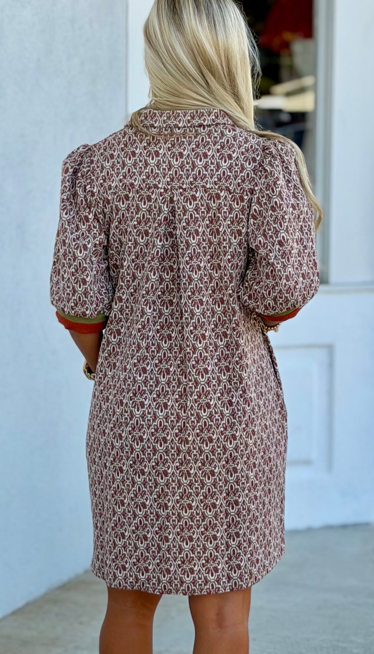 Chestnut Geometric Half-Zip Collared Shift Dress