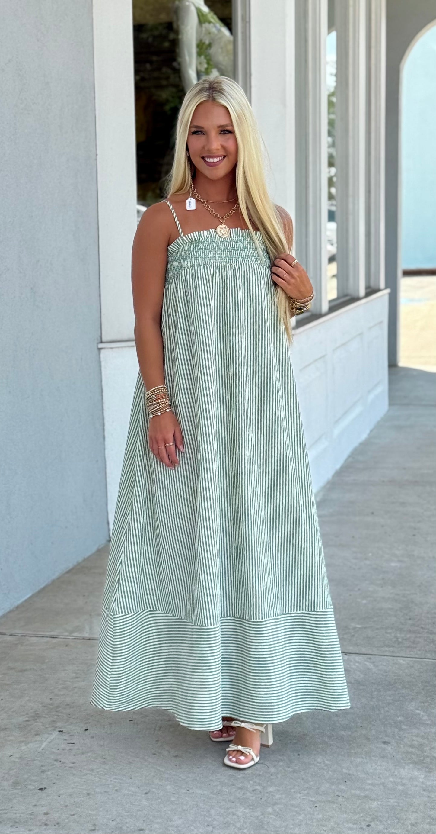 Green Embroidered Smocked Striped Maxi Dress