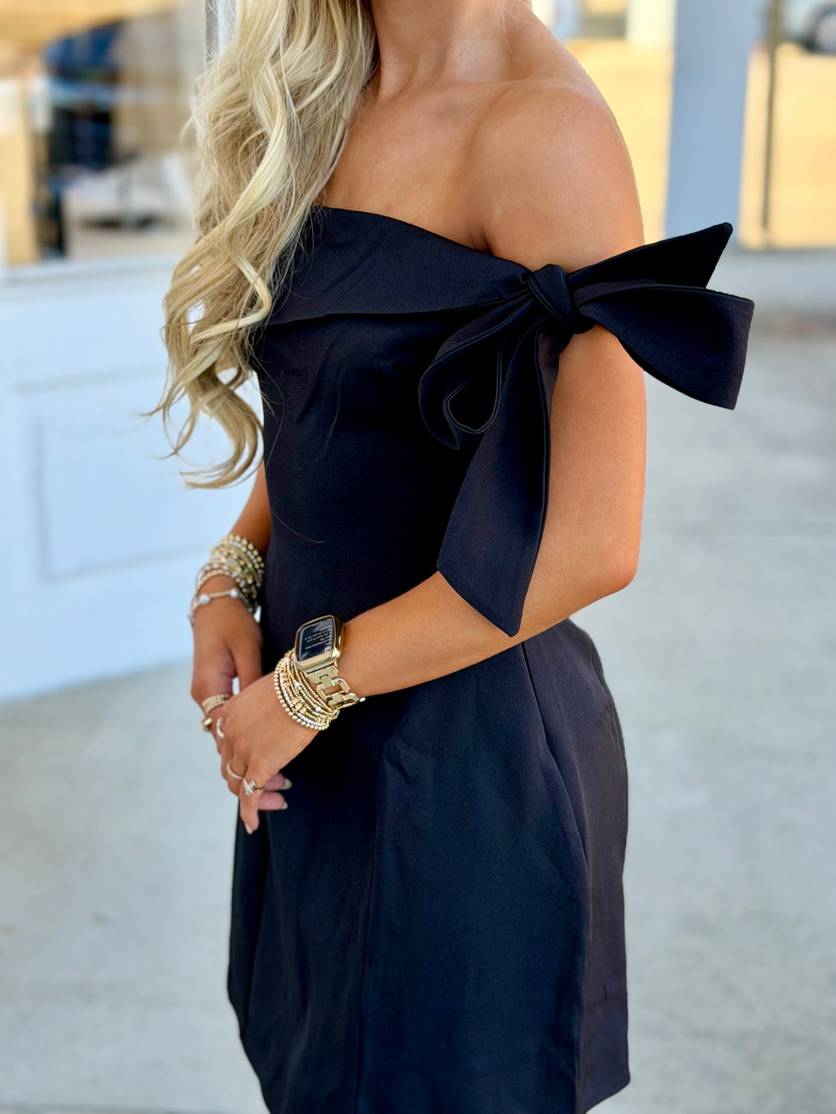 Black Off Shoulder Tie Dress