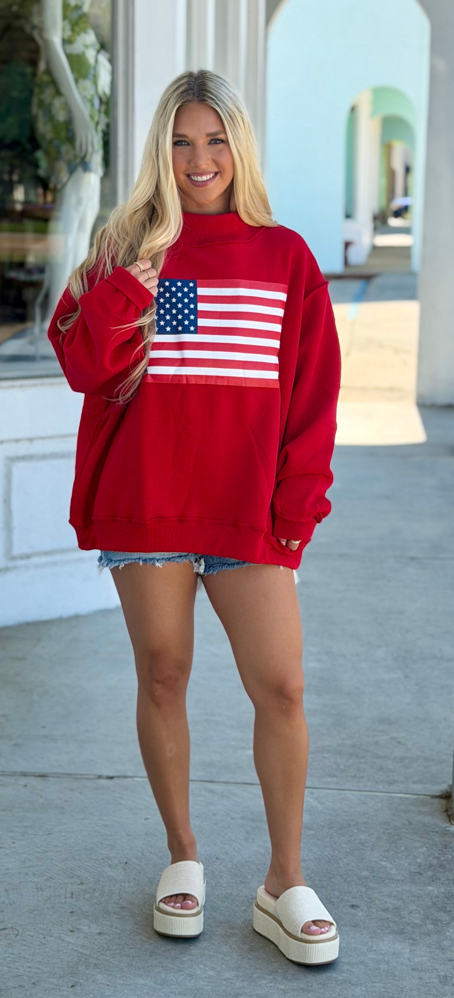 USA and Flag Reversible Mock Neck Sweatshirt Red