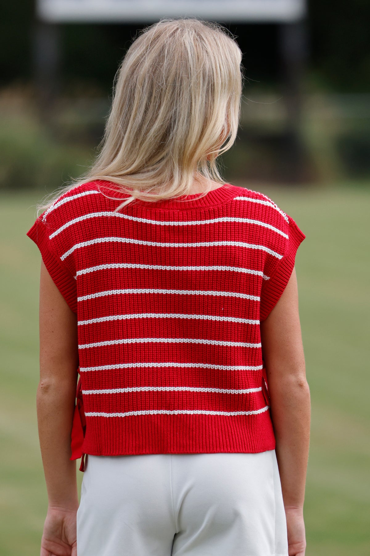 Striped Side Tie Sweater Vest, Red/White