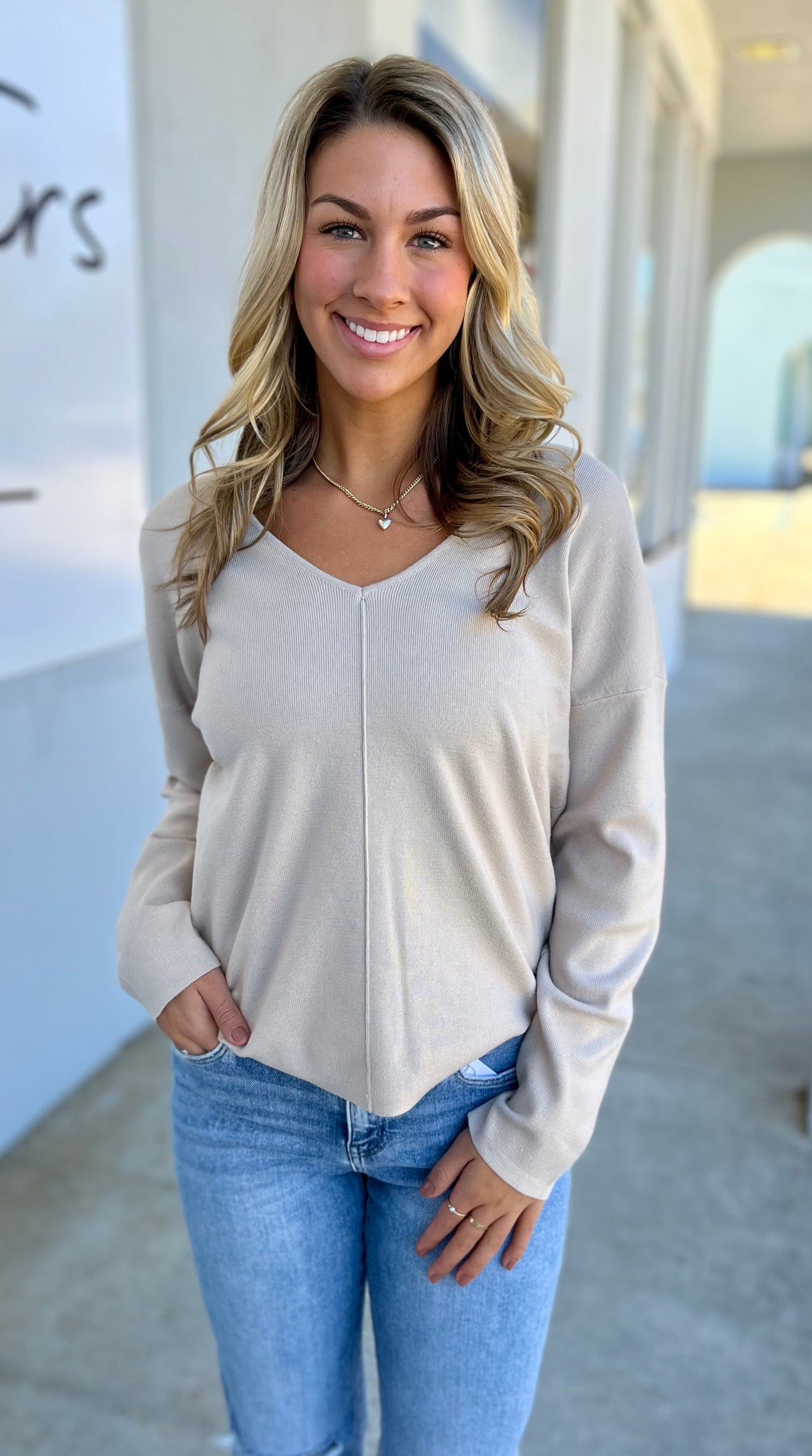 Oatmeal V Neck Seam Knit Sweater