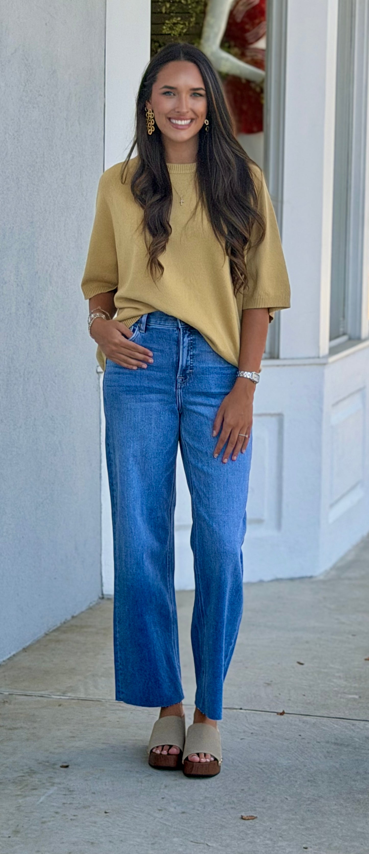 Wide Sleeve Hi Low Crew Neck Sweater, Willow