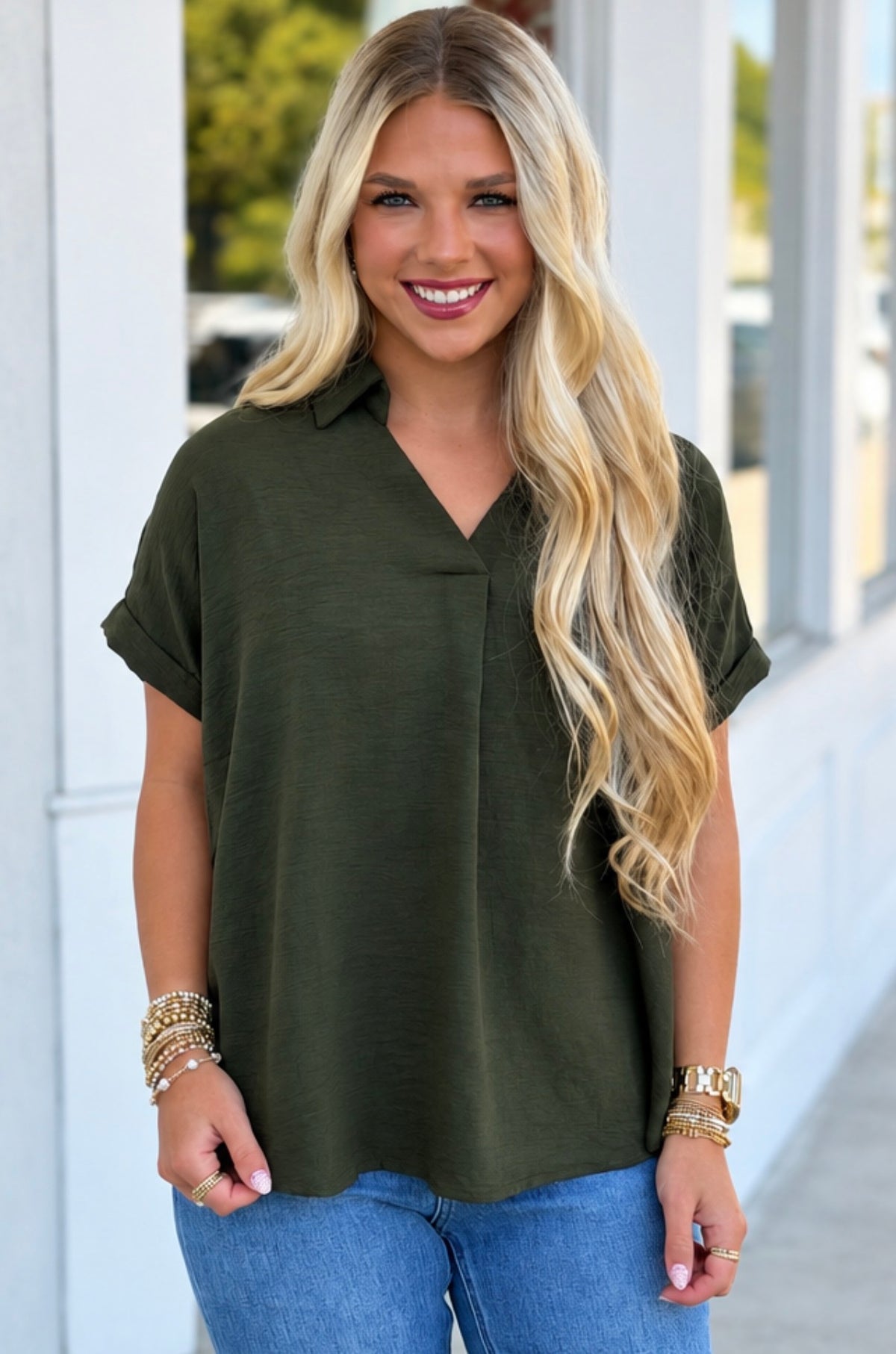 Collared Woven Top , Olive