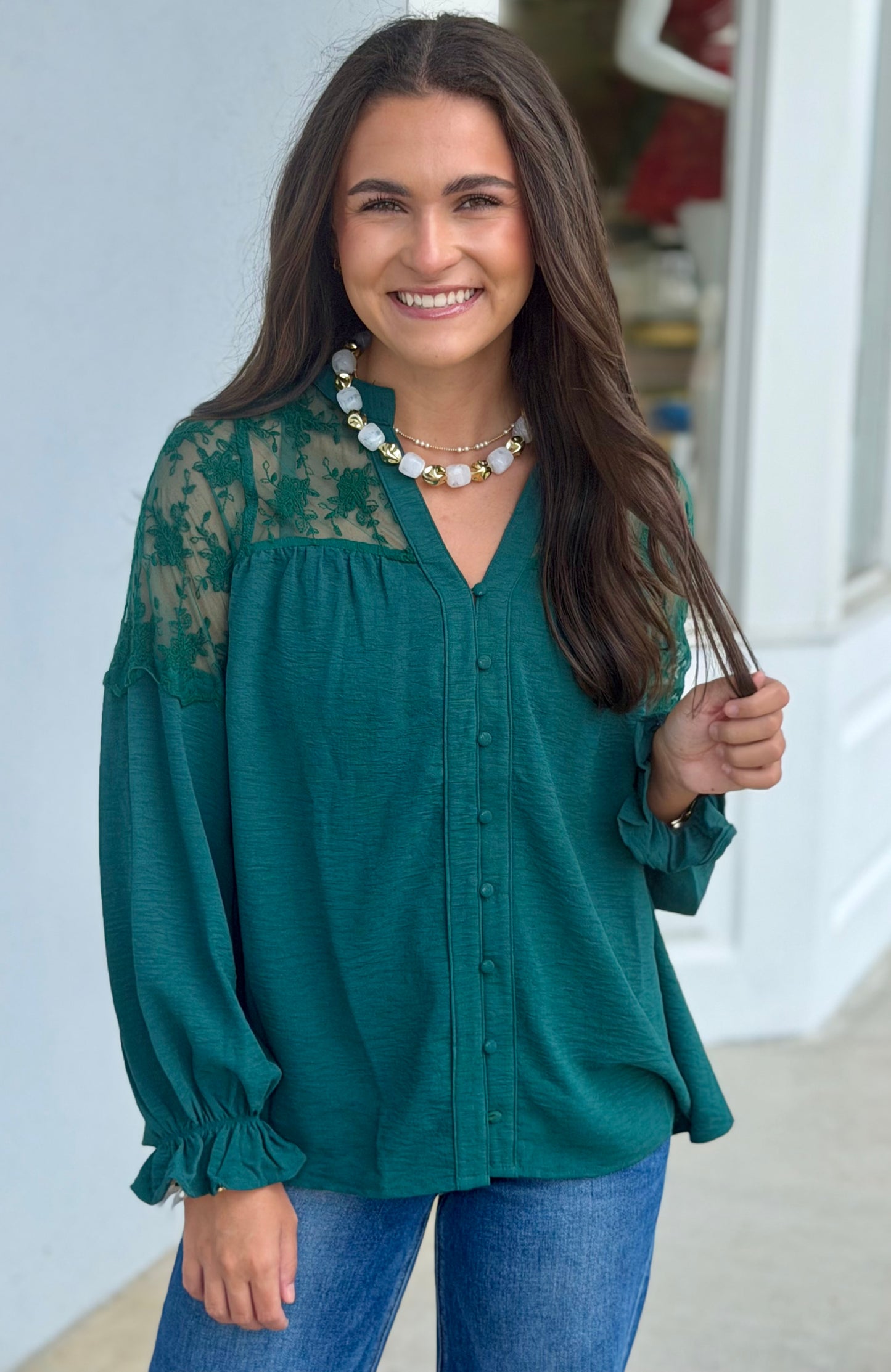 Lace Contrast Button Down Blouse, Hunter Green