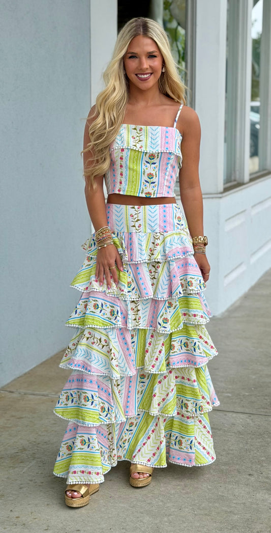 Floral Print Tiered Maxi Skirt & Tank SET