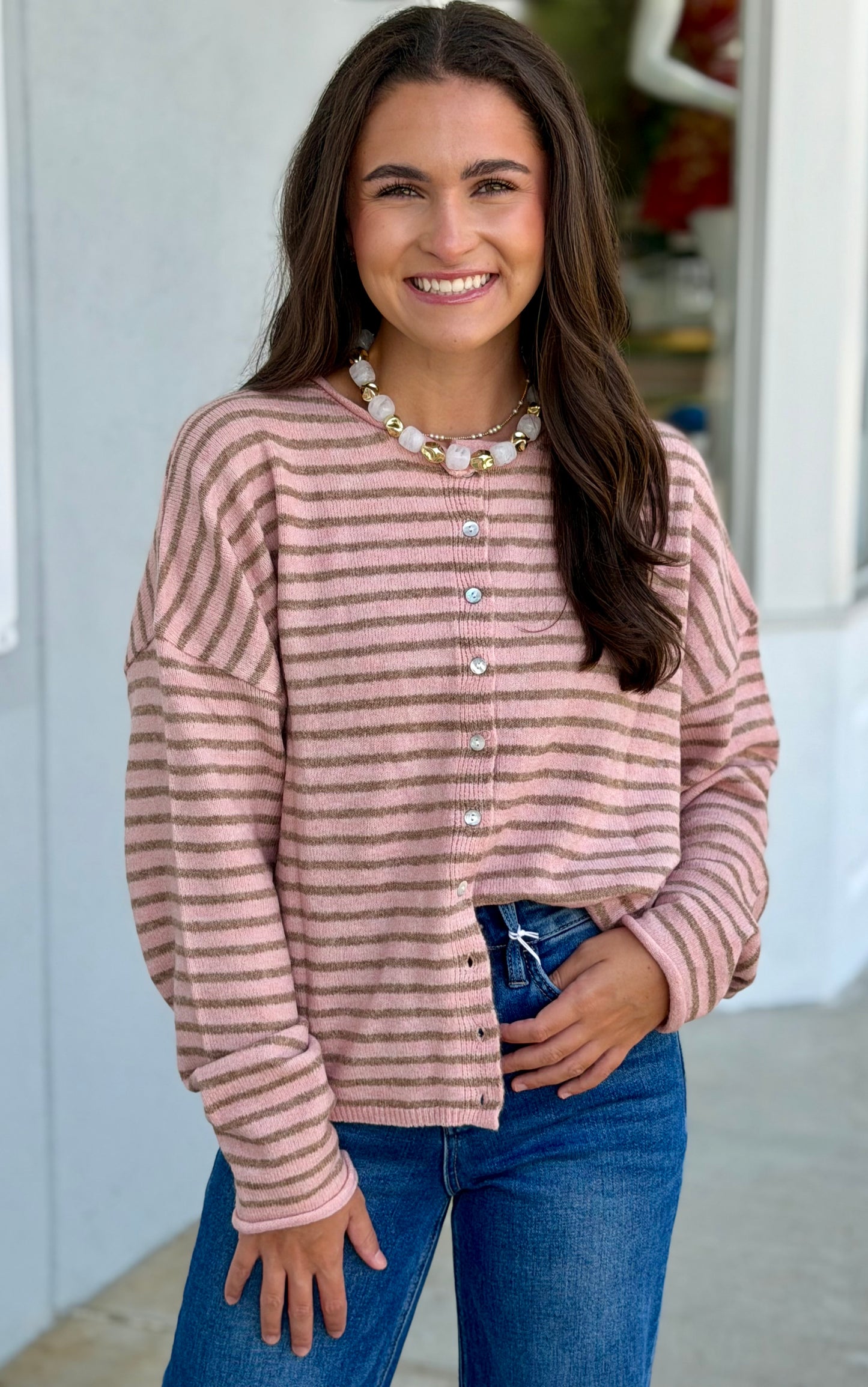 Stripe Button Down Sweater-Blush