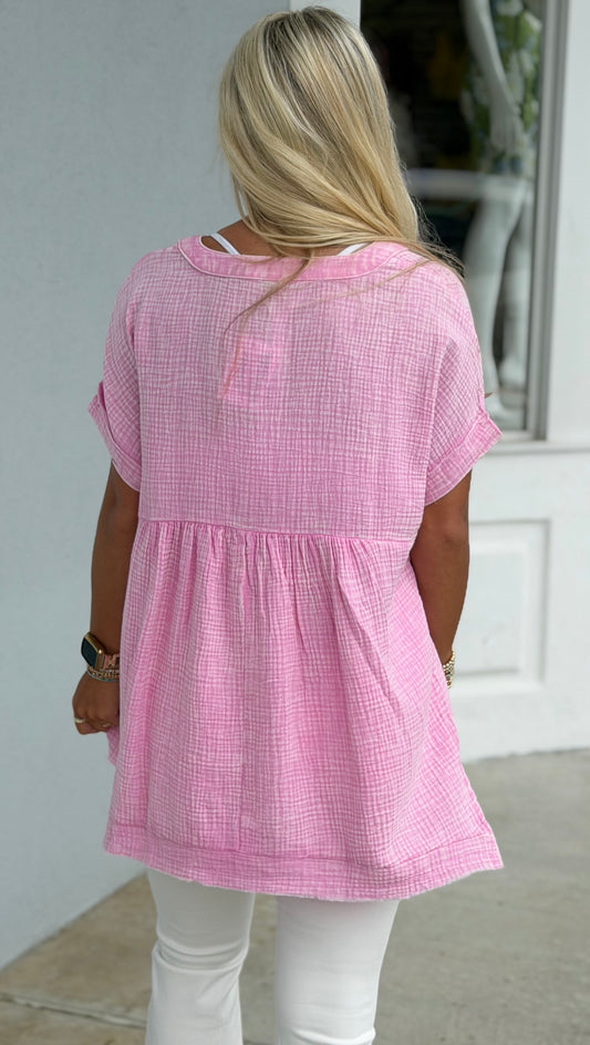 Washed Double Gauze Button Shirt, Candy Pink