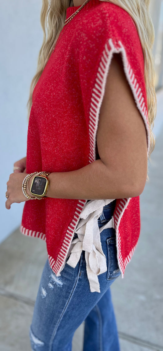 Side Tie Knit Sweater Vest, Red