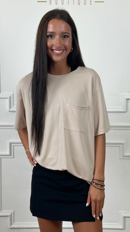 Taupe Short Sleeve Knit Top With Pocket