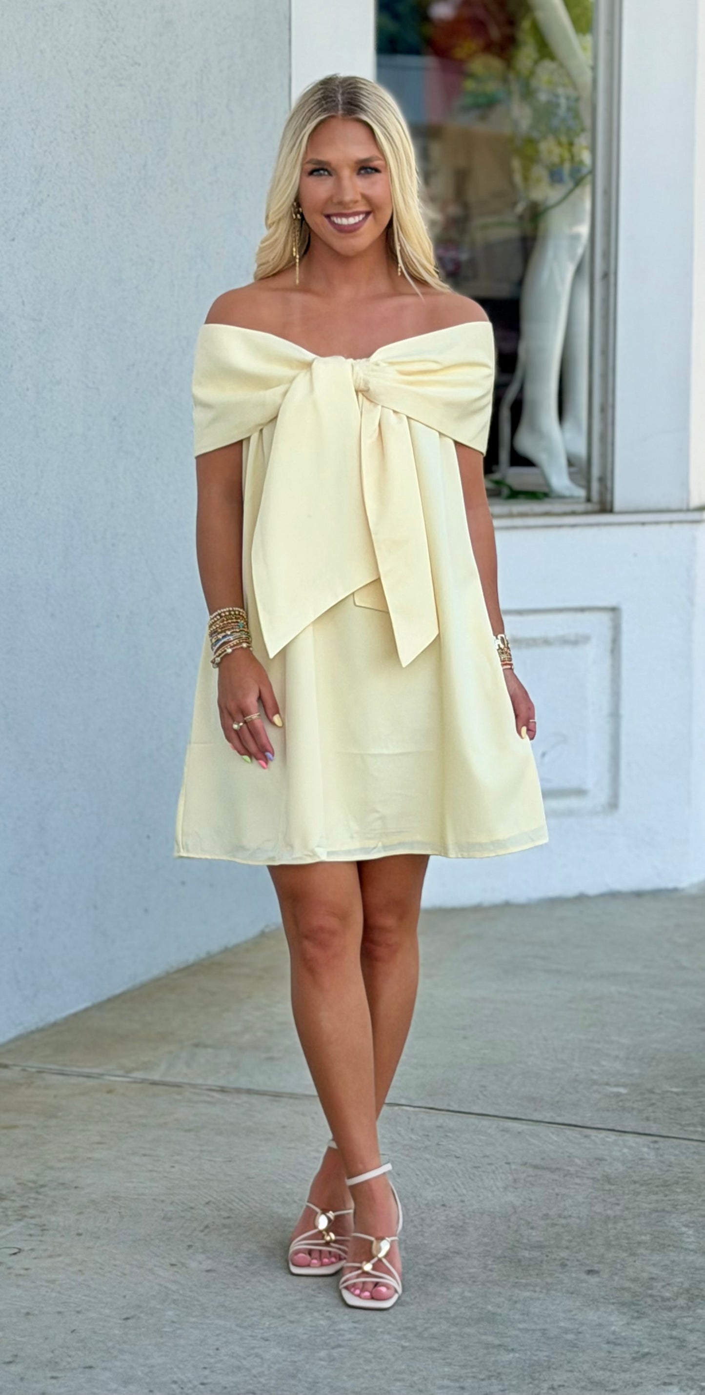 Front Statement Bow Off the Shoulder Dress, Yellow